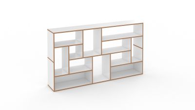 Weißes Hanibal Sideboard von Tojo mit offenen Fächern und braunen Kanten. Modernes Regal für Wohnzimmer.